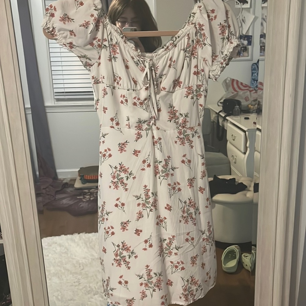 Small white pink floral dress with lace up type front